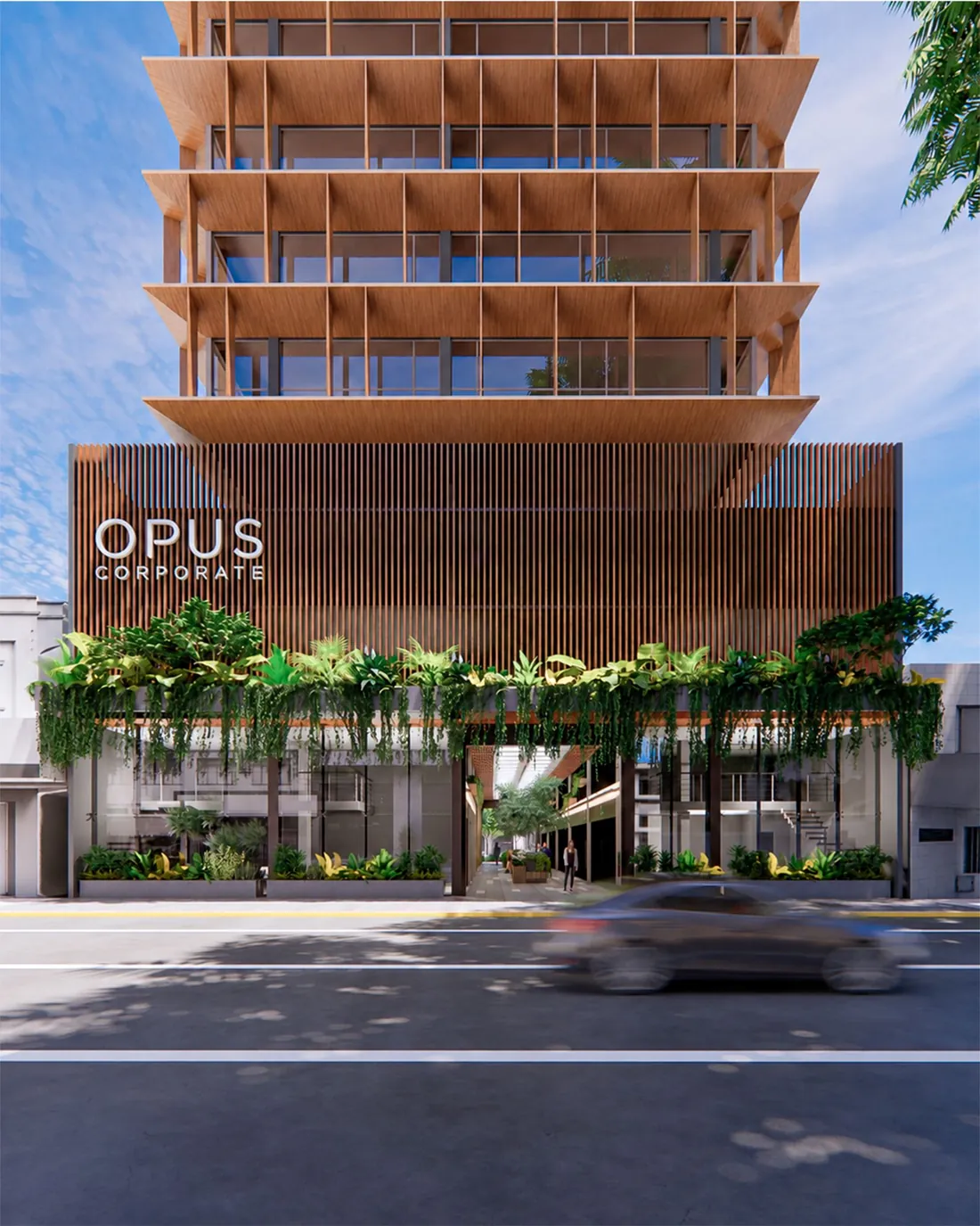 Fachada do Opus Corporate, torre corporativa com Street Mall no térreo, em Rio do Sul